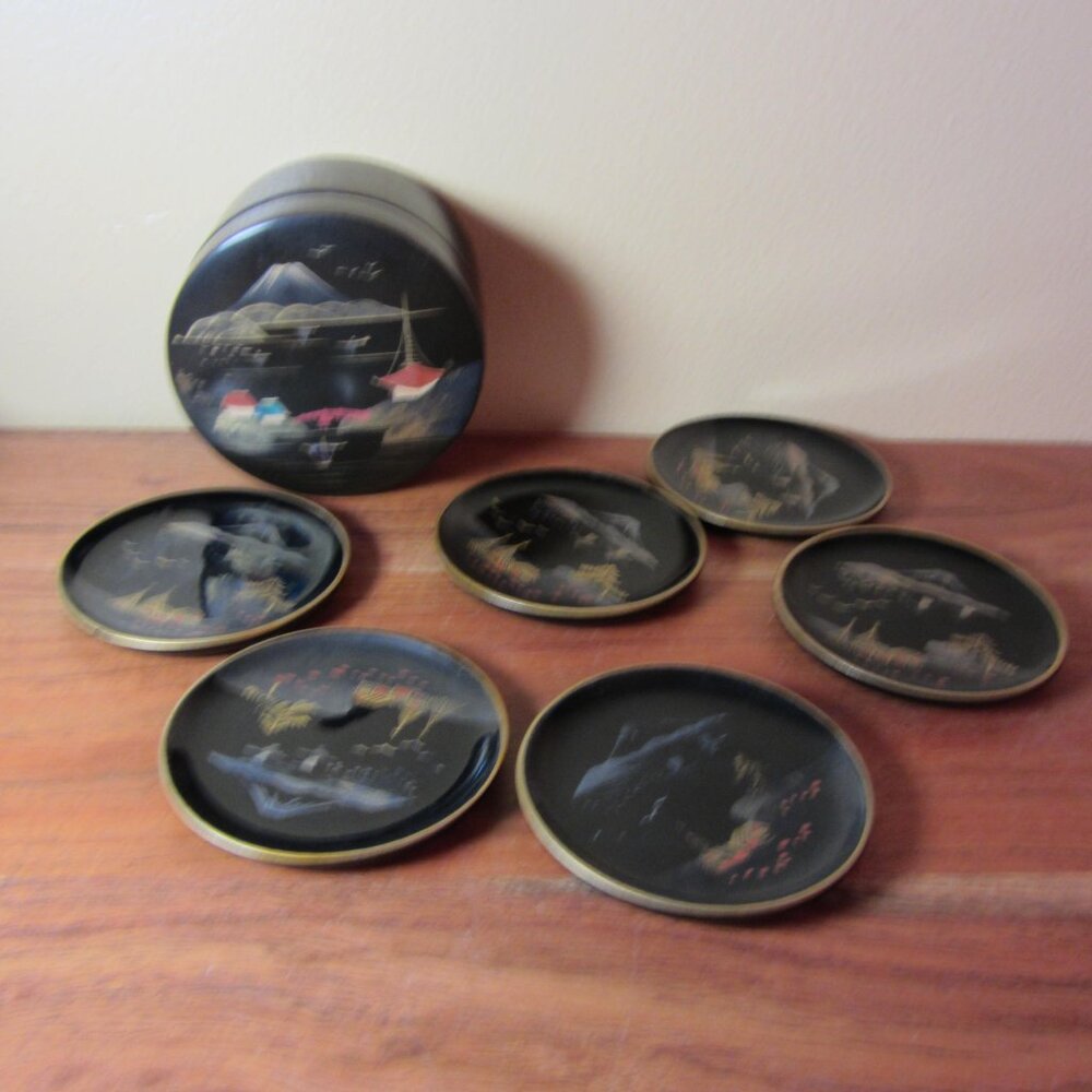 japanese vintage otagiri lacquerware box with 6 coasters mountain view (W5004)
